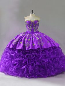 Purple Lace Up Sweet 16 Quinceanera Dress Embroidery and Ruffles Sleeveless Brush Train