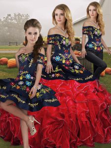 Red And Black Off The Shoulder Lace Up Embroidery and Ruffles Quinceanera Dress Sleeveless