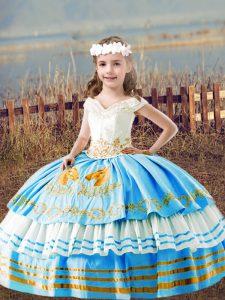 Baby Blue Off The Shoulder Neckline Embroidery Little Girl Pageant Dress Sleeveless Lace Up