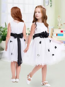 White Empire Appliques and Hand Made Flower Little Girl Pageant Gowns Zipper Tulle Sleeveless Knee Length