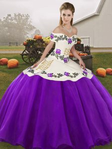 White And Purple Lace Up Quinceanera Gowns Embroidery Sleeveless Floor Length