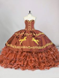 Brown Sweetheart Neckline Embroidery and Ruffled Layers Quinceanera Gown Sleeveless Lace Up