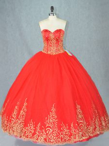 Pretty Red Sleeveless Floor Length Beading Lace Up Sweet 16 Dresses