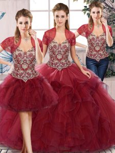 Fashionable Sleeveless Tulle Floor Length Lace Up Quinceanera Dresses in Burgundy with Beading and Ruffles