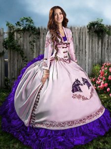 Trendy Satin Sweetheart Sleeveless Lace Up Embroidery and Ruffles Quinceanera Dress in White And Purple