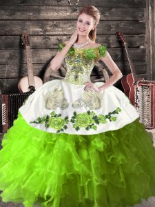 Adorable Green Organza Lace Up Off The Shoulder Sleeveless Floor Length Military Ball Gown Embroidery and Ruffles