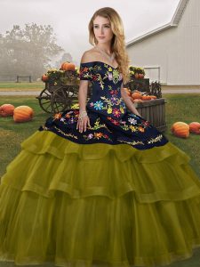 Exceptional Off The Shoulder Sleeveless Tulle Military Ball Dresses Embroidery and Ruffled Layers Brush Train Lace Up