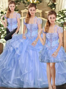 Floor Length Lavender Quince Ball Gowns Strapless Sleeveless Lace Up