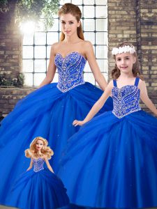 Low Price Royal Blue Sweetheart Lace Up Beading and Pick Ups Quince Ball Gowns Brush Train Sleeveless