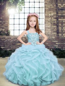 Custom Fit Light Blue Tulle Lace Up Straps Sleeveless Floor Length Little Girls Pageant Gowns Beading and Ruffles