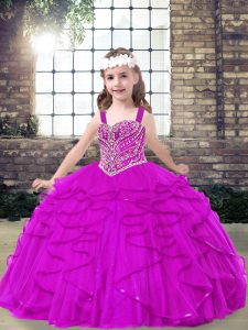Fuchsia Lace Up Straps Beading and Ruffles Little Girls Pageant Dress Wholesale Tulle Sleeveless