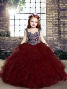 Cheap Ball Gowns Little Girls Pageant Dress Burgundy Straps Tulle Sleeveless Floor Length Lace Up
