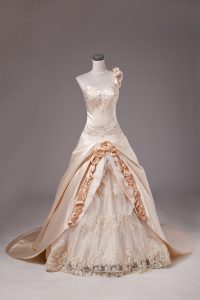 Champagne Ball Gowns Embroidery and Hand Made Flower Quince Ball Gowns Lace Up Satin Sleeveless
