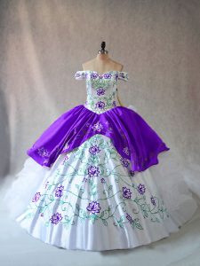 Customized White And Purple Lace Up Off The Shoulder Embroidery and Ruffles Ball Gown Prom Dress Organza Sleeveless