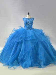 Eye-catching Blue Lace Up Scoop Beading and Ruffles Casual Dresses Organza Sleeveless Brush Train