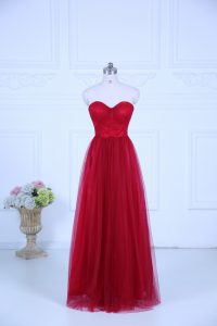 Wine Red Tulle Zipper Sweetheart Sleeveless Floor Length Dama Dress for Quinceanera Ruching