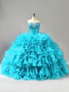 High Quality Organza Sweetheart Sleeveless Lace Up Ruffles and Sequins Party Dress in Aqua Blue