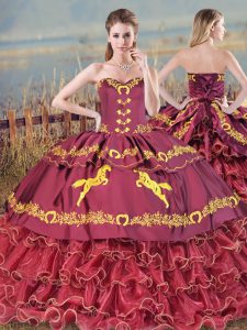 Nice Burgundy Sleeveless Satin and Organza Brush Train Lace Up Sweet 16 Dresses for Sweet 16 and Quinceanera