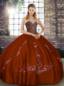 Sweetheart Sleeveless Quinceanera Gowns Floor Length Beading and Embroidery Brown Tulle