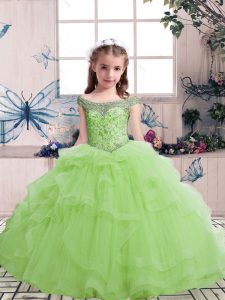 Yellow Green Tulle Lace Up Scoop Sleeveless Floor Length Pageant Gowns Beading and Ruffles