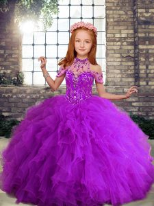 Super Purple Straps Lace Up Beading and Ruffles Little Girl Pageant Gowns Sleeveless