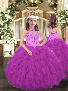 Ball Gowns Child Pageant Dress Purple Halter Top Tulle Sleeveless Floor Length Lace Up