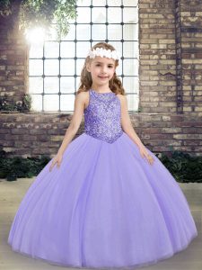 Great Lavender Ball Gowns Tulle Scoop Sleeveless Beading Floor Length Lace Up Kids Pageant Dress