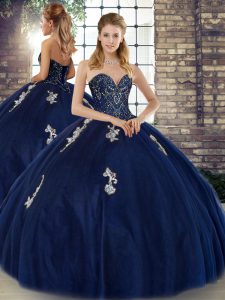 Sweetheart Sleeveless Lace Up Vestidos de Quinceanera Navy Blue Tulle