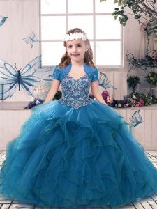 Blue Girls Pageant Dresses Party and Sweet 16 and Wedding Party with Beading and Ruffles Straps Sleeveless Lace Up