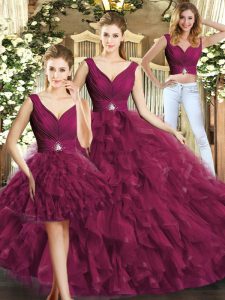 Glittering Three Pieces Quinceanera Gown Burgundy V-neck Tulle Sleeveless Floor Length Backless