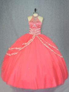 Floor Length Ball Gowns Sleeveless Watermelon Red Sweet 16 Dress Lace Up