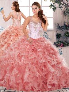 Eye-catching Watermelon Red Organza Clasp Handle Scoop Sleeveless Floor Length Military Ball Gown Beading and Ruffles