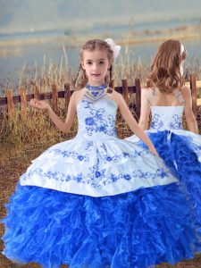 Sleeveless Floor Length Beading and Embroidery and Ruffles Lace Up Little Girls Pageant Dress Wholesale with Blue And White