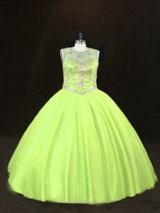 Yellow Green Ball Gowns Tulle Scoop Sleeveless Beading Floor Length Lace Up Quinceanera Gown