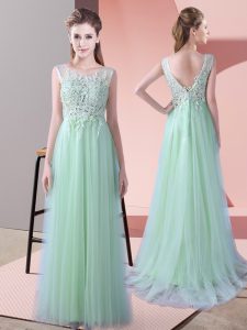Sleeveless Tulle Brush Train Zipper Quinceanera Court of Honor Dress in Apple Green with Beading and Lace