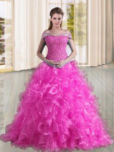 Organza Off The Shoulder Sleeveless Sweep Train Lace Up Beading and Lace and Ruffles Quinceanera Gowns in Fuchsia