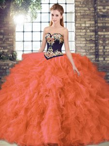 Flare Orange Red Ball Gowns Sweetheart Sleeveless Organza Floor Length Lace Up Beading and Embroidery Vestidos de Quinceanera