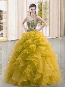 Custom Design Gold Organza Lace Up Quinceanera Dresses Sleeveless Floor Length Beading and Ruffles