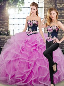 Custom Fit Lilac Tulle Lace Up Sweetheart Sleeveless Floor Length 15 Quinceanera Dress Sweep Train Embroidery and Ruffles
