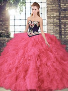 On Sale Hot Pink Lace Up Sweetheart Beading and Embroidery Quinceanera Gowns Tulle Sleeveless