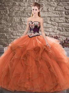 Classical Orange Ball Gowns Beading and Embroidery Quinceanera Gown Lace Up Tulle Sleeveless Floor Length