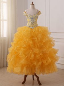 Ball Gowns Pageant Dress for Teens Gold Off The Shoulder Organza Sleeveless Floor Length Lace Up