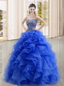 Organza Sweetheart Sleeveless Lace Up Beading and Ruffles Ball Gown Prom Dress in Blue