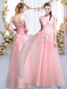 Modest Beading and Appliques Court Dresses for Sweet 16 Pink Lace Up Cap Sleeves Floor Length