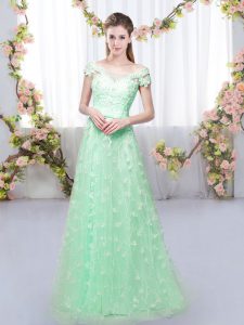 Popular Apple Green Cap Sleeves Floor Length Appliques Lace Up Dama Dress for Quinceanera
