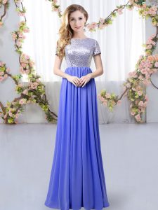 Fitting Lavender Zipper Scoop Sequins Court Dresses for Sweet 16 Chiffon Short Sleeves