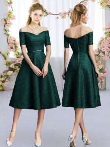 Dark Green A-line Off The Shoulder Short Sleeves Lace Tea Length Belt Dama Dress for Quinceanera