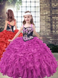 Fuchsia Girls Pageant Dresses Party and Military Ball and Wedding Party with Embroidery and Ruffled Layers Straps Sleeveless Lace Up