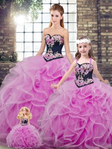 Vintage Lilac 15th Birthday Dress Military Ball and Sweet 16 and Quinceanera with Embroidery and Ruffles Sweetheart Sleeveless Sweep Train Lace Up