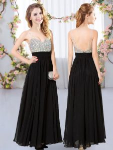 Attractive Sleeveless Chiffon Floor Length Backless Vestidos de Damas in Black with Beading